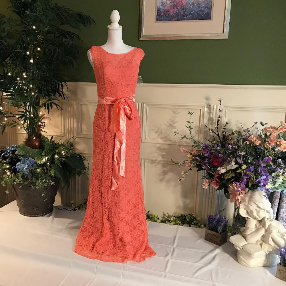 Long vintage Coral pink lace dress